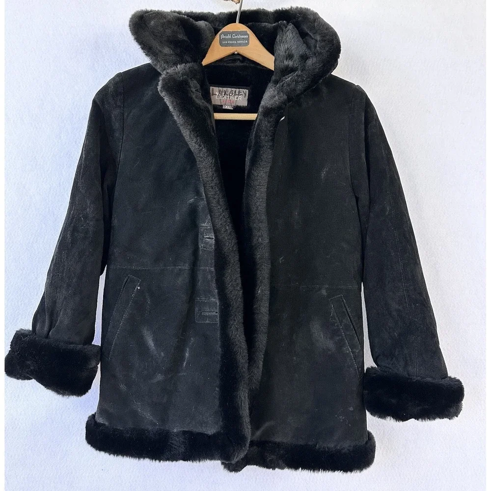 WILSONS Black Suede Coat Girl's Youth XL Faux Fur Lined Hooded